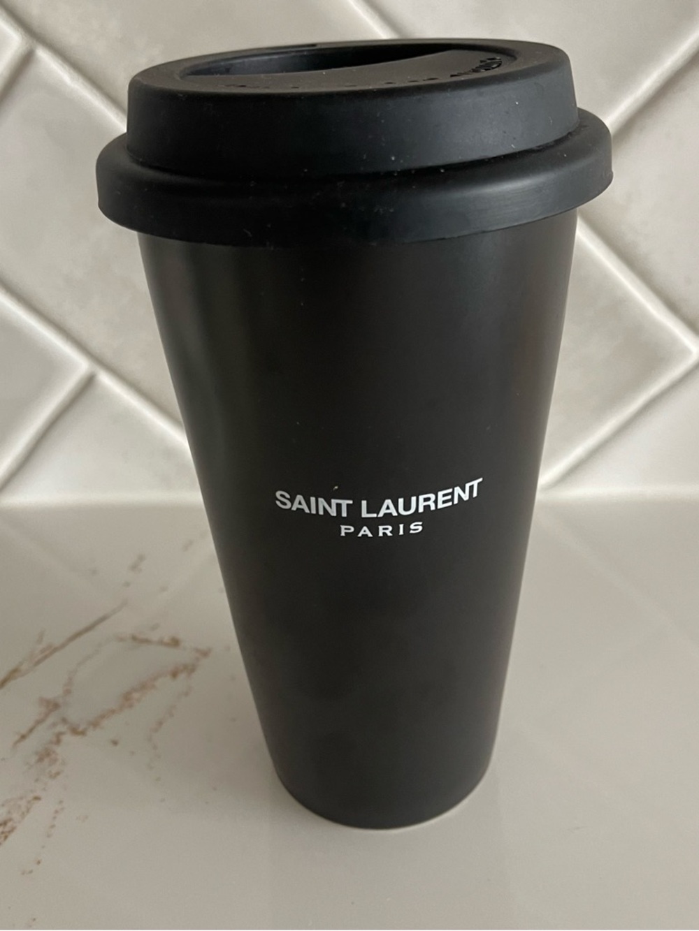 Authentic Saint Laurent Paris Black Travel Tumbler with Lid